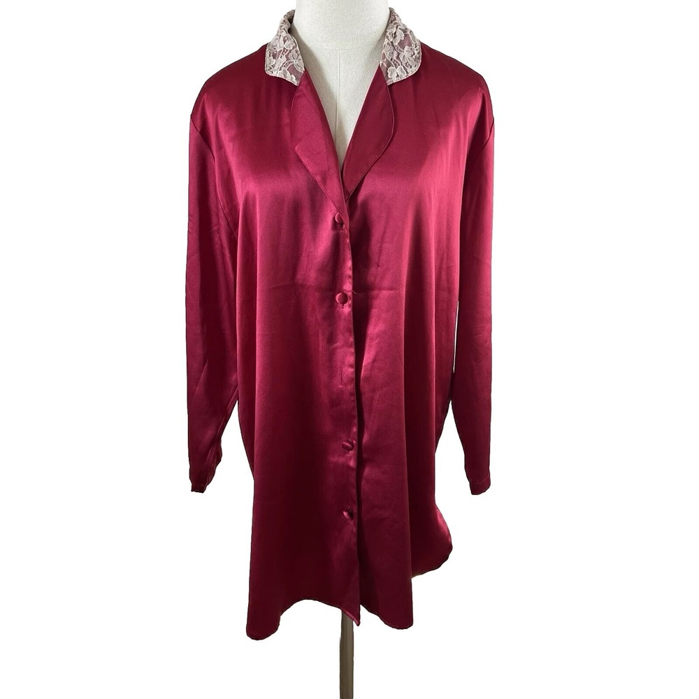 Victoria's Secret Satin Sleep Shirt P/S Red Lace Trim Button Down Nightgown Robe
